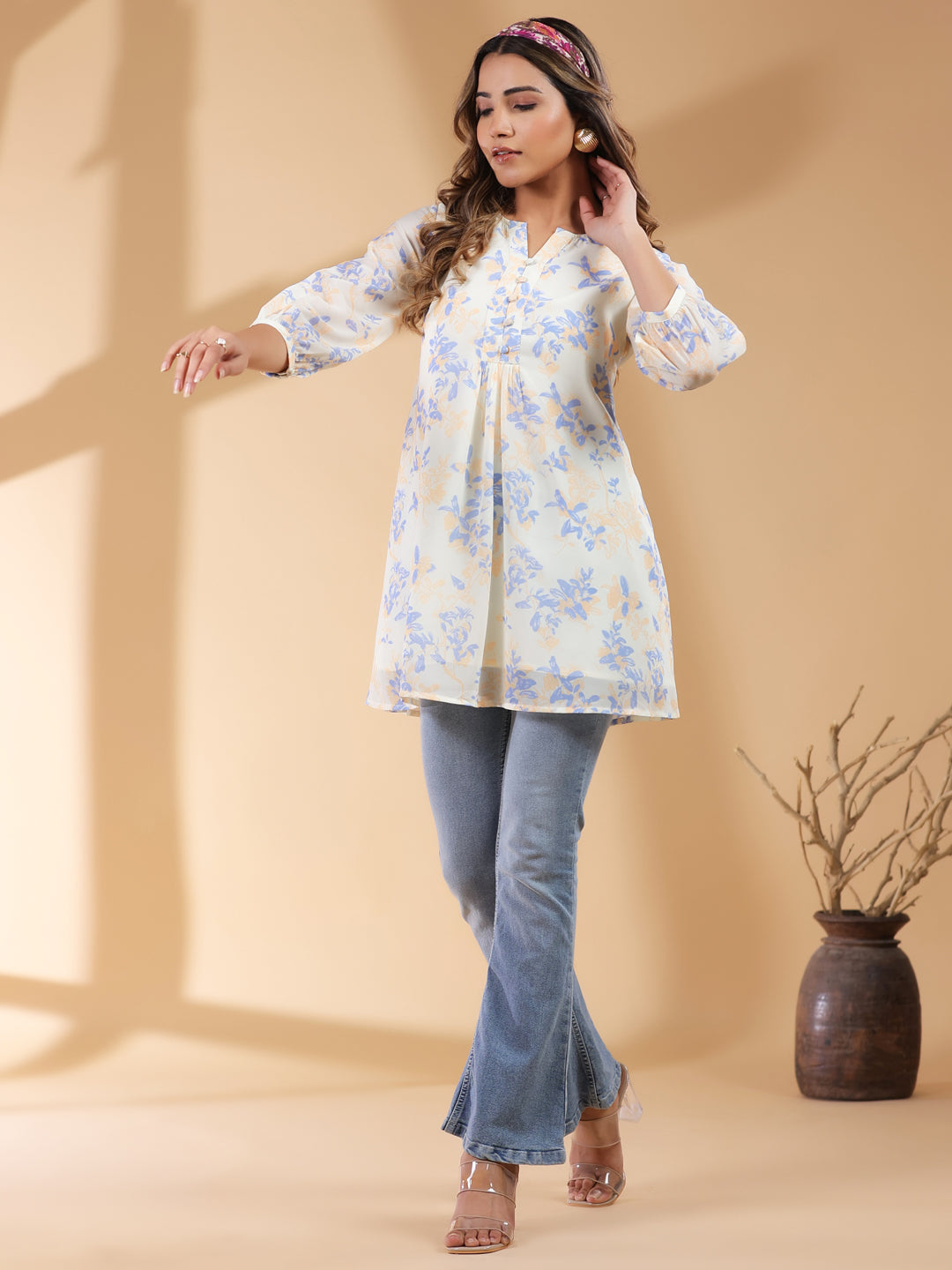 Janasya Light Georgette Floral A-Line Tunic 