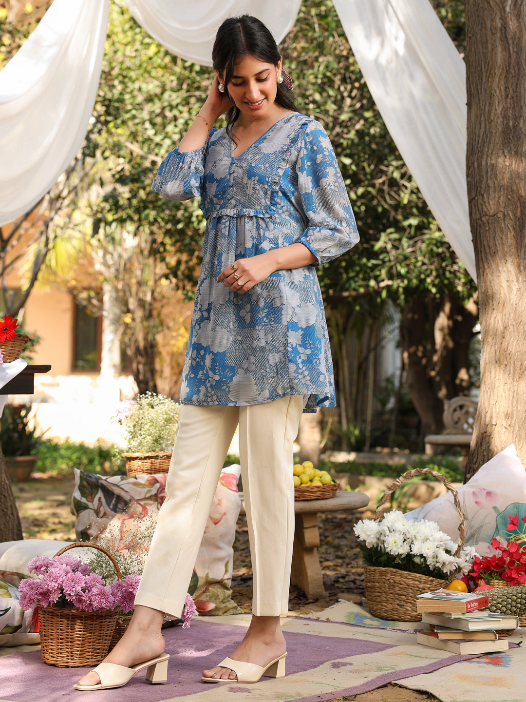 Janasya Bright Georgette Floral A-Line Tunic 