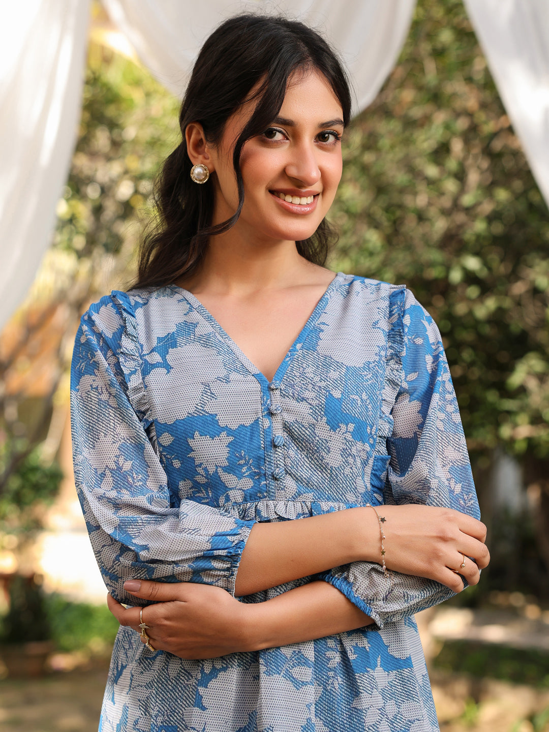 Janasya Bright Georgette Floral A-Line Tunic 