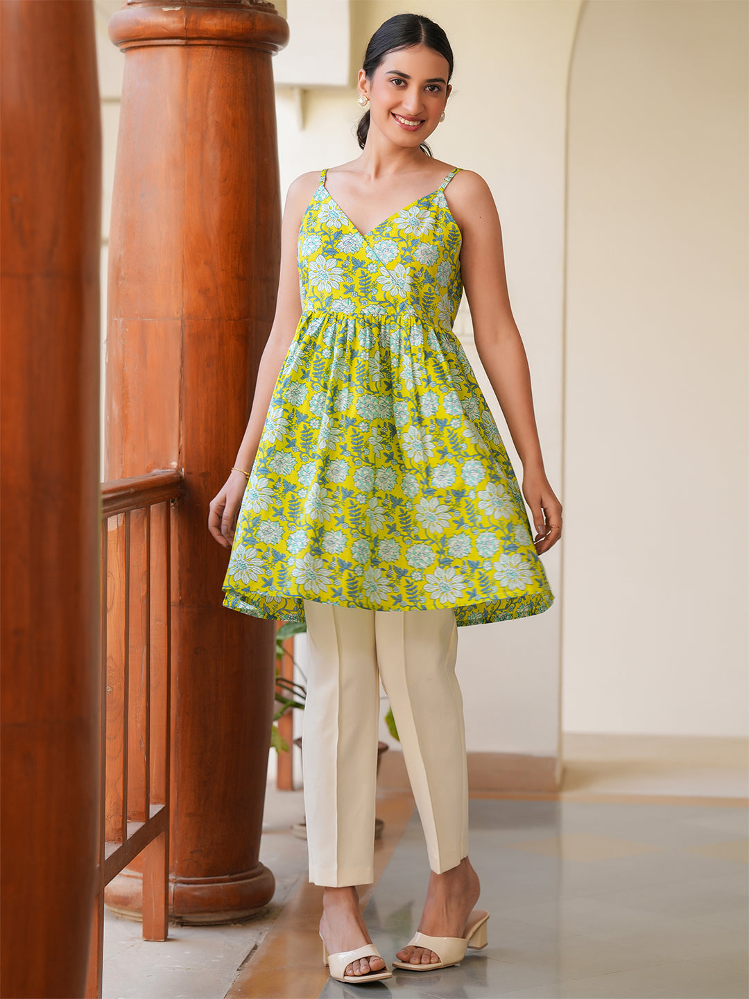 Janasya Bright Cotton Floral A-Line Tunic 