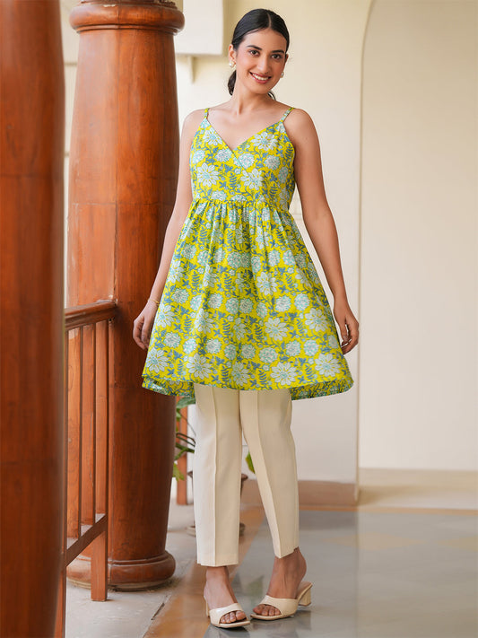 Janasya Bright Cotton Floral A-Line Tunic 