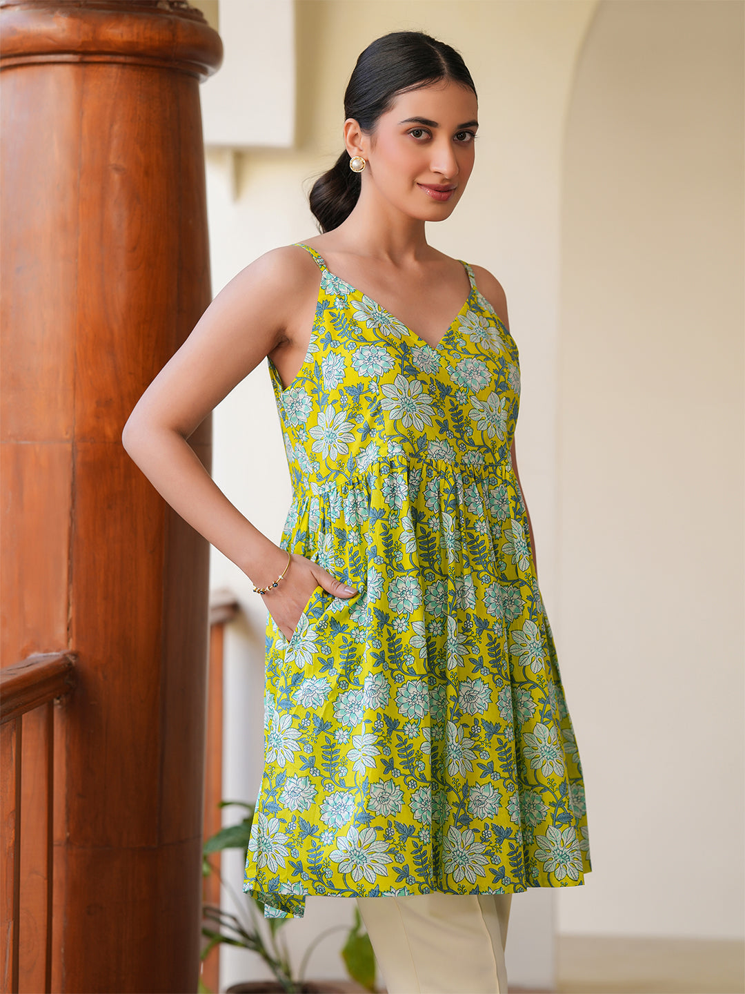 Janasya Bright Cotton Floral A-Line Tunic 