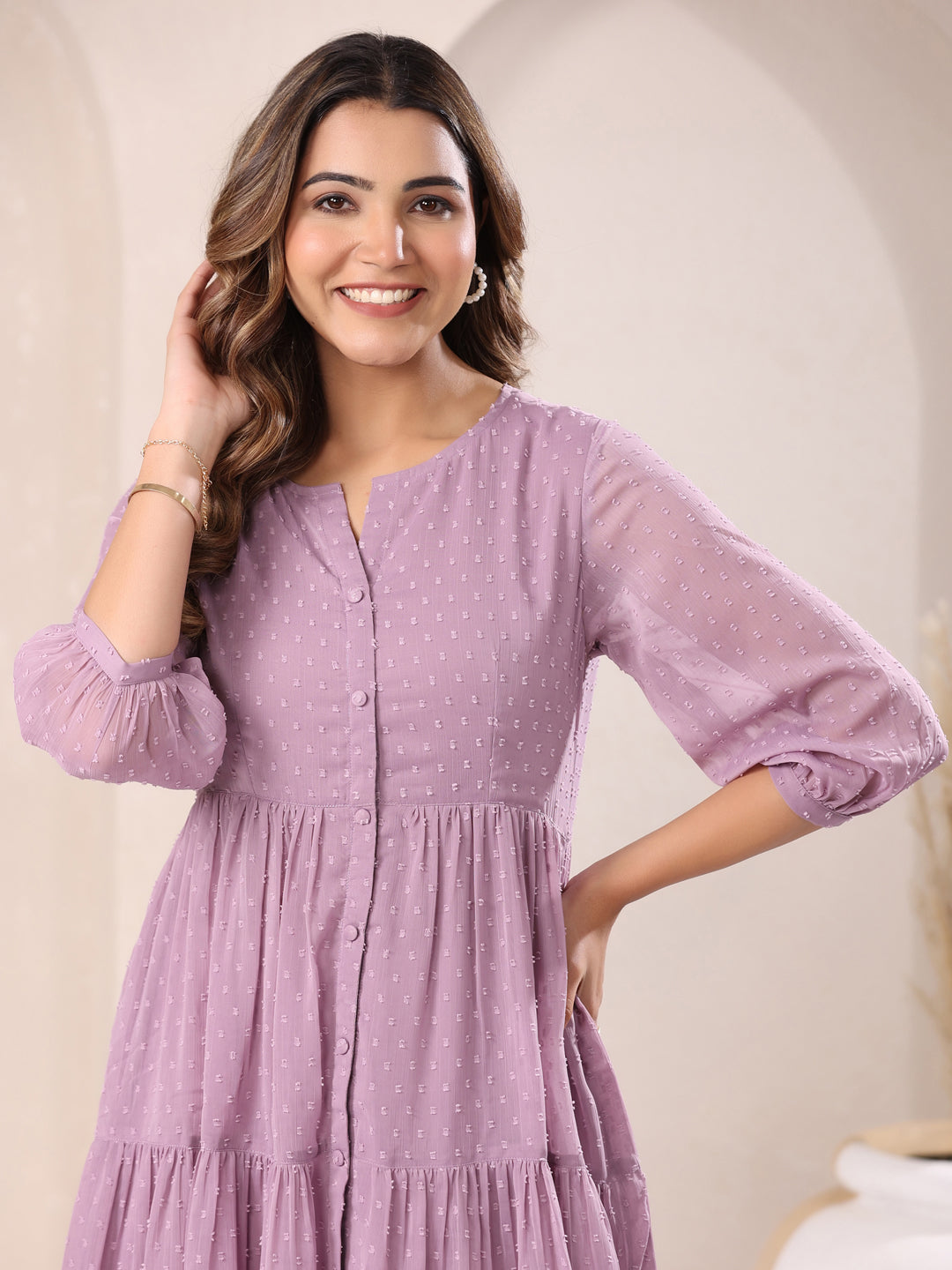 Janasya Dark Dobby Chiffon Self Design Tiered Tunic 