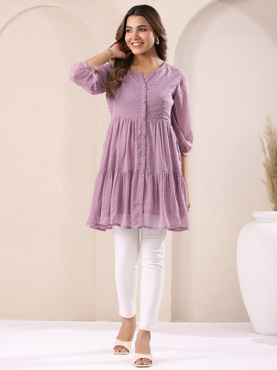 Janasya Dark Dobby Chiffon Self Design Tiered Tunic 