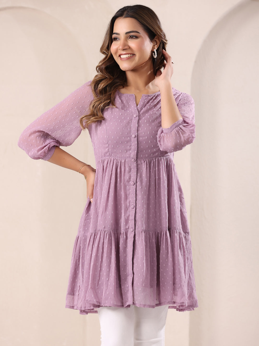 Janasya Dark Dobby Chiffon Self Design Tiered Tunic 