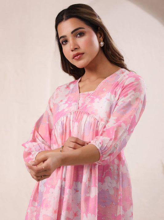 Janasya Dark Silk Blend Floral A-Line Tunic 