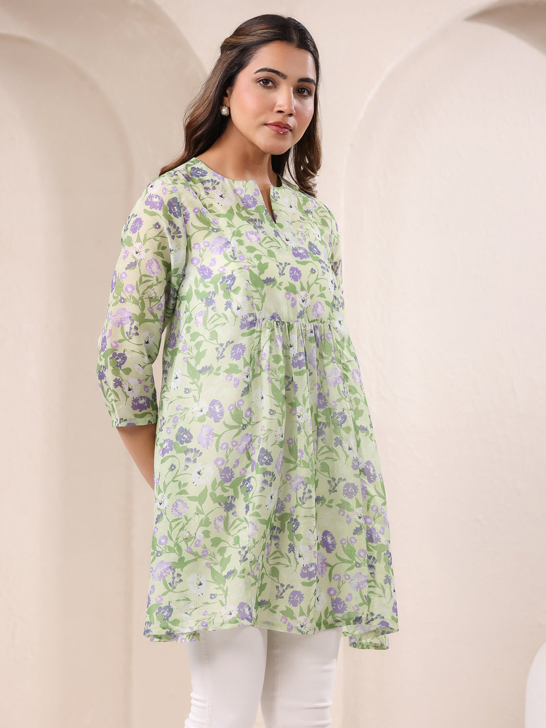 Janasya Light Silk Blend Floral A-Line Tunic 