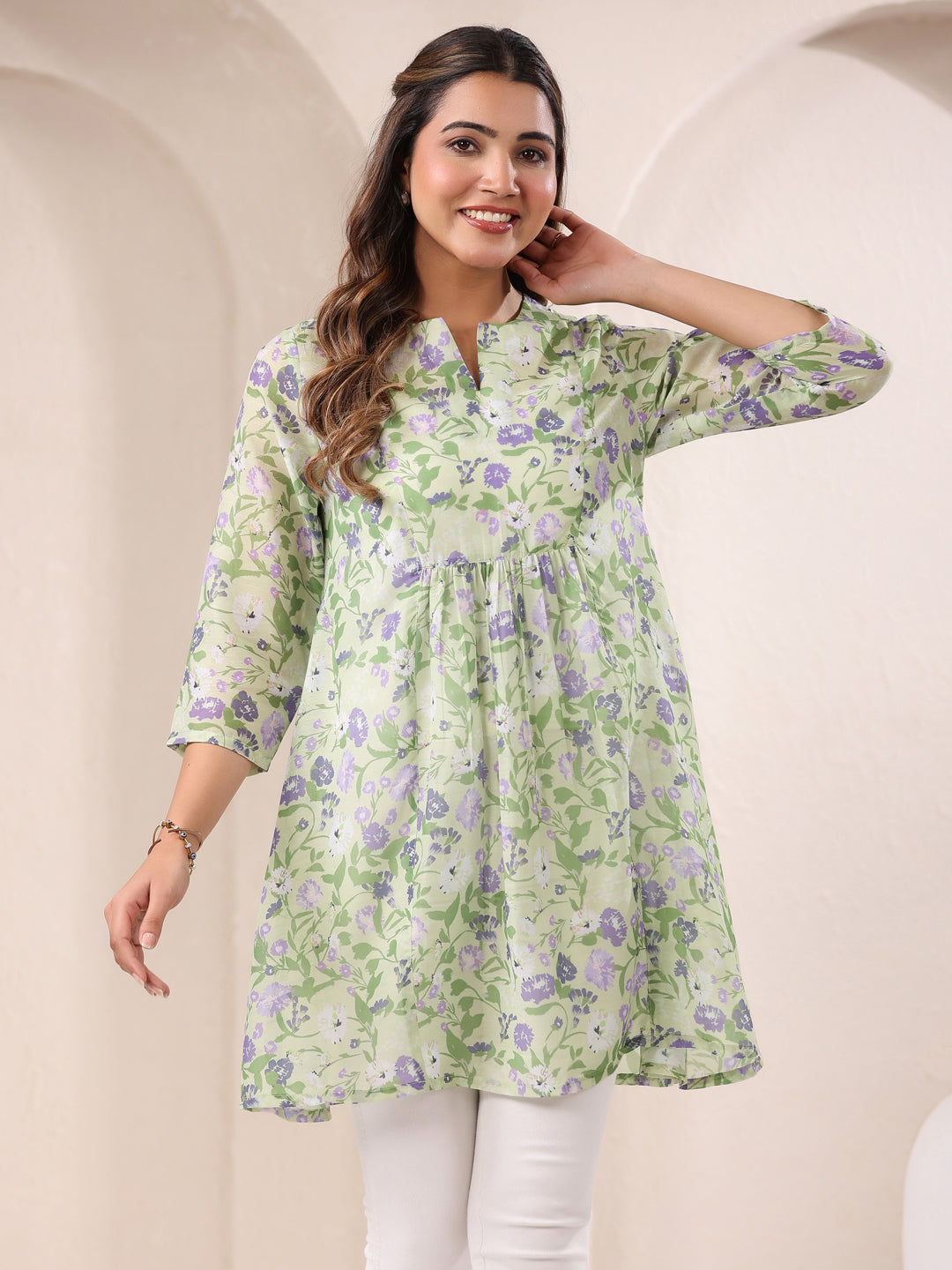 Janasya Light Silk Blend Floral A-Line Tunic 