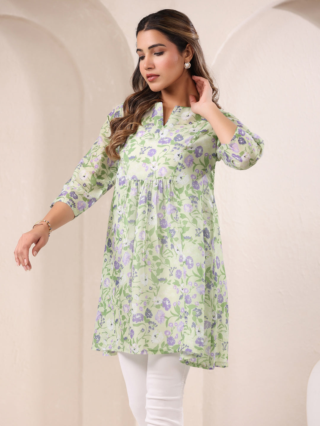 Janasya Light Silk Blend Floral A-Line Tunic 