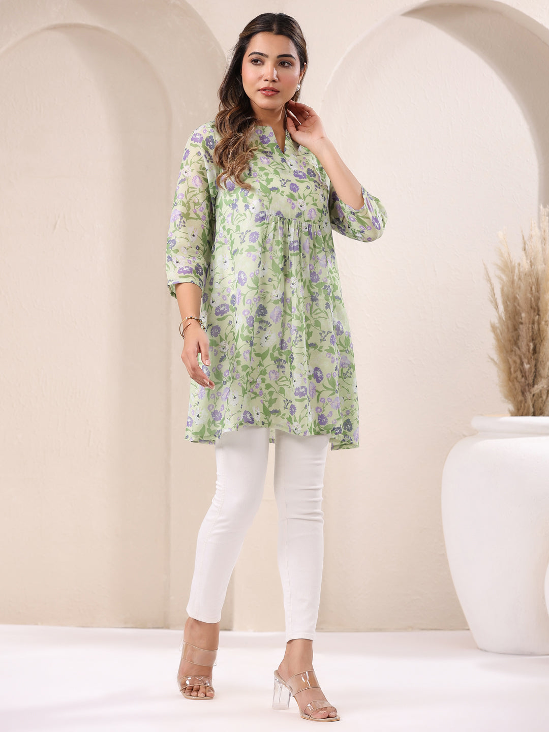 Janasya Light Silk Blend Floral A-Line Tunic 