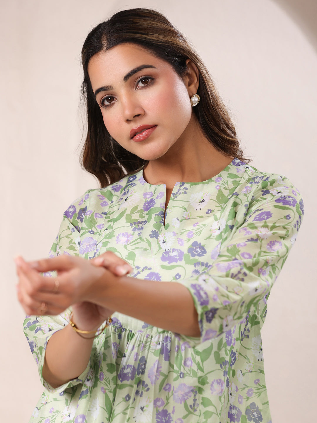 Janasya Light Silk Blend Floral A-Line Tunic 