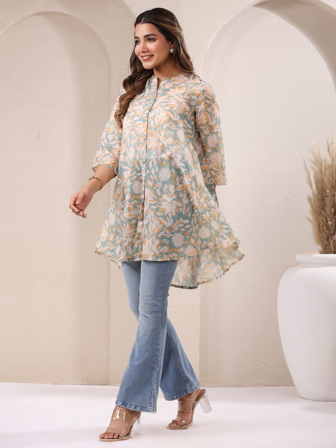 Janasya Light Silk Blend Floral A-Line Tunic 