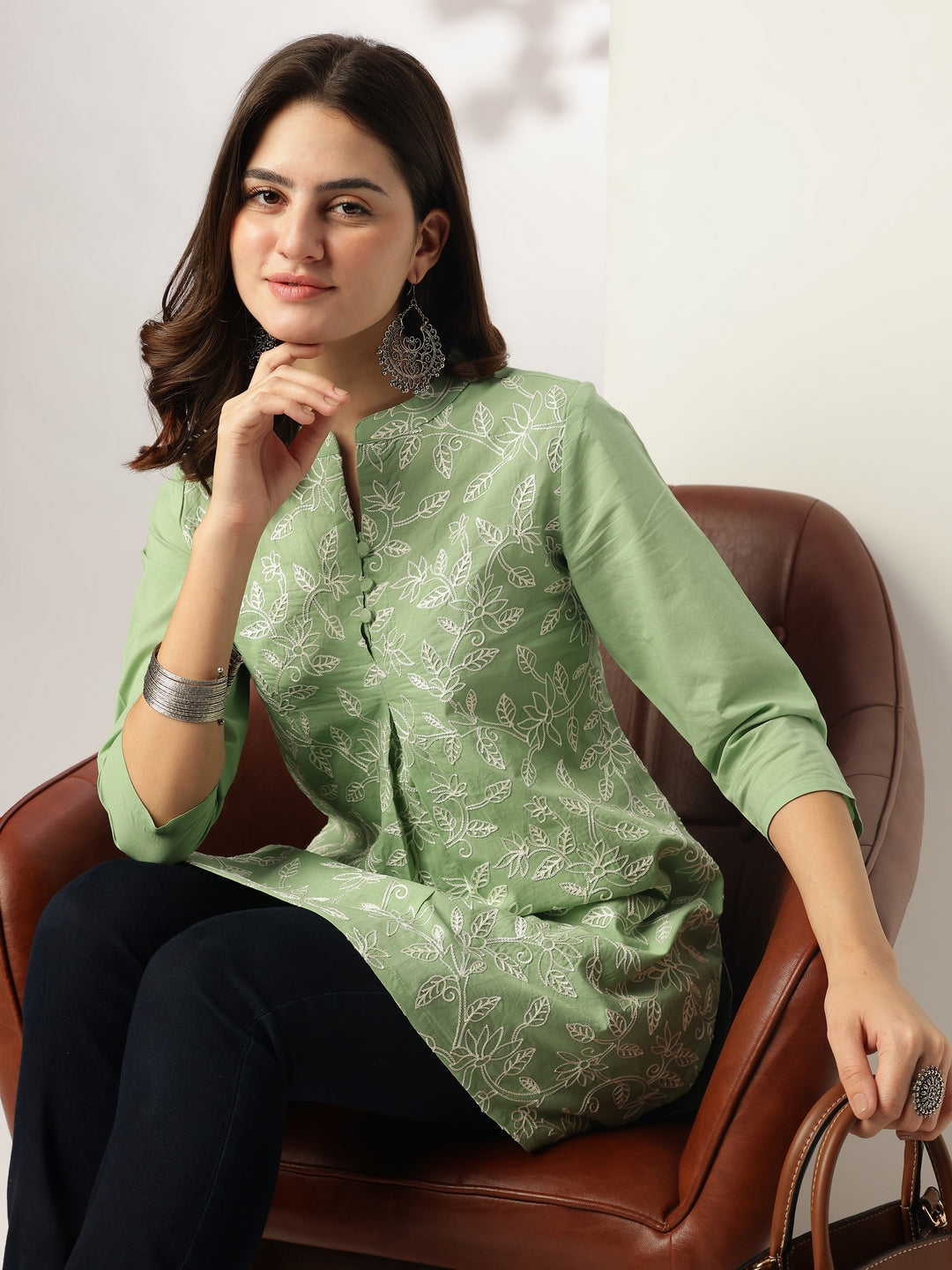 Janasya Light Cotton Embroidered A-Line Tunic 