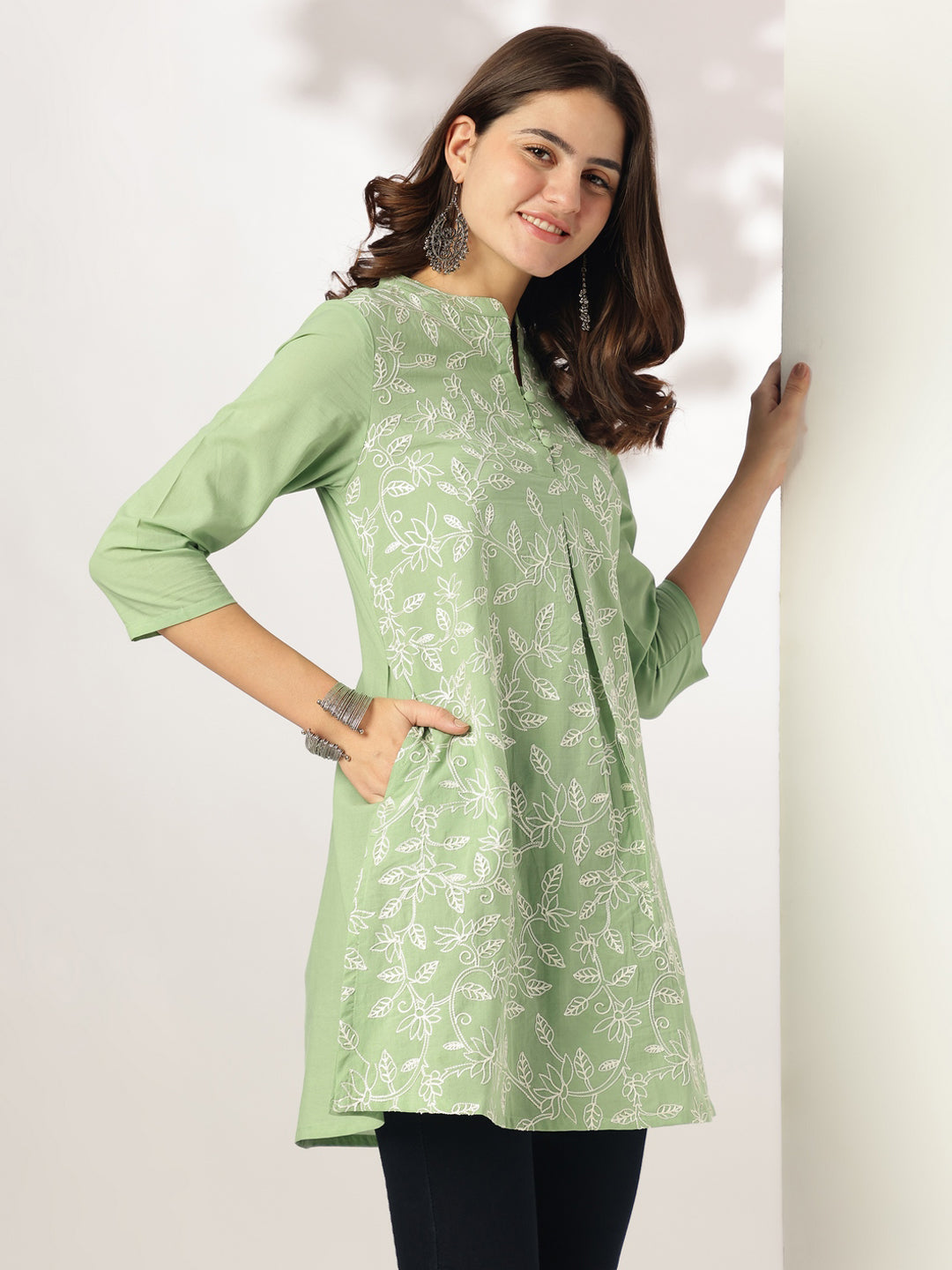 Janasya Light Cotton Embroidered A-Line Tunic 