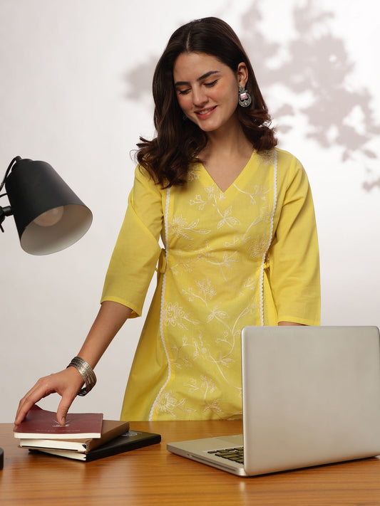 Janasya Bright Cotton Embroidered A-Line Tunic 
