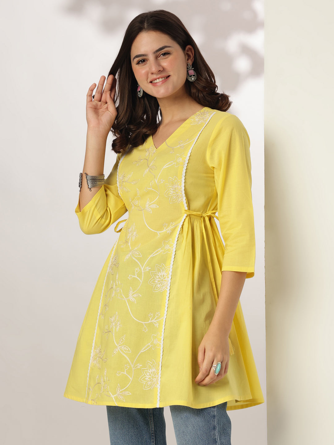 Janasya Bright Cotton Embroidered A-Line Tunic 