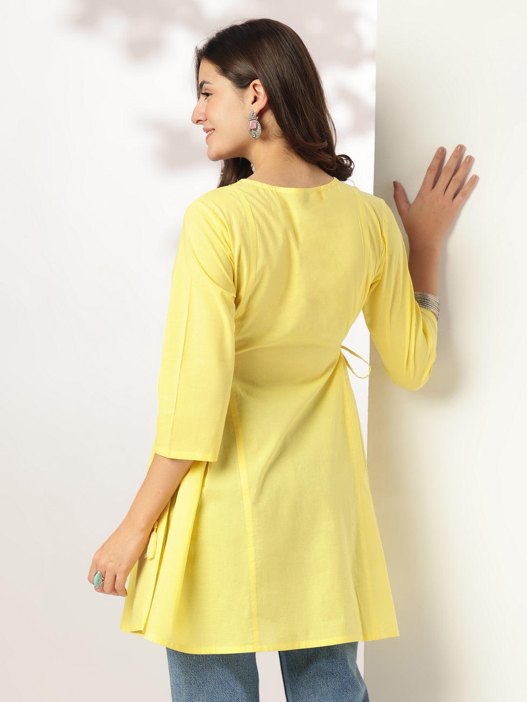 Janasya Bright Cotton Embroidered A-Line Tunic 