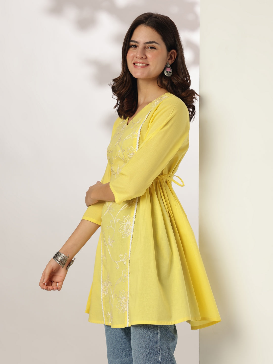 Janasya Bright Cotton Embroidered A-Line Tunic 