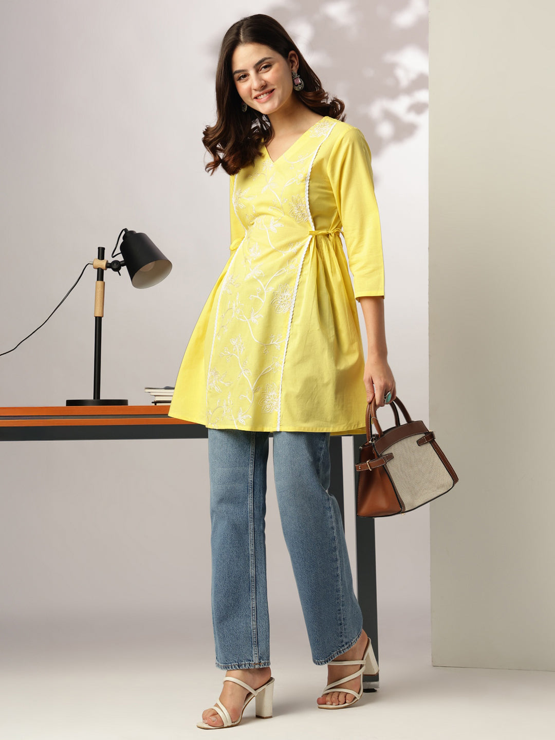 Janasya Bright Cotton Embroidered A-Line Tunic 
