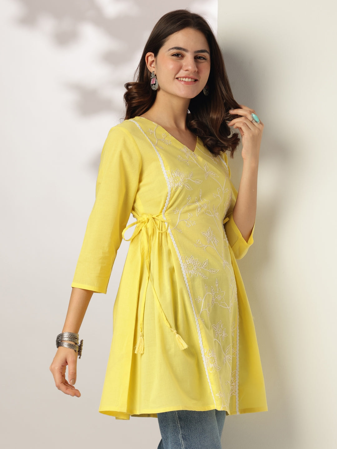Janasya Bright Cotton Embroidered A-Line Tunic 