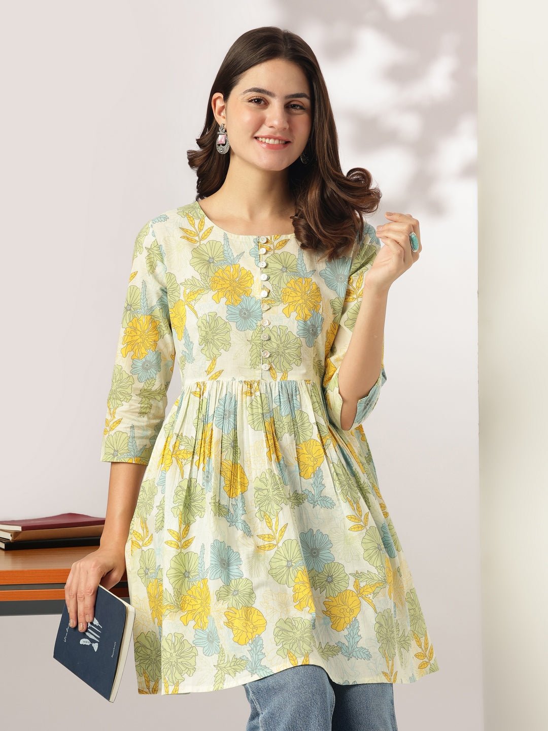 Janasya Light Cotton Floral A-Line Tunic 