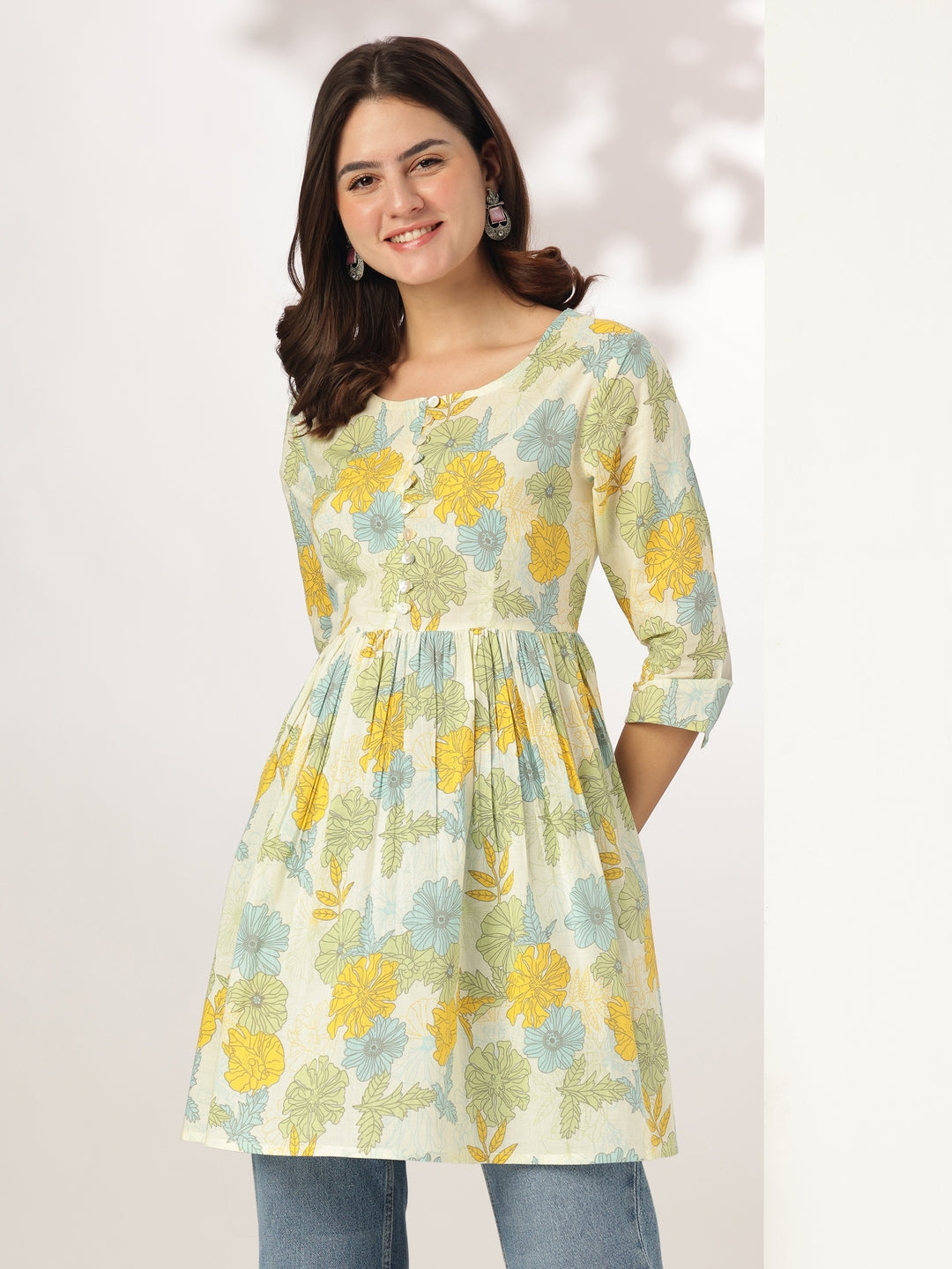 Janasya Light Cotton Floral A-Line Tunic 