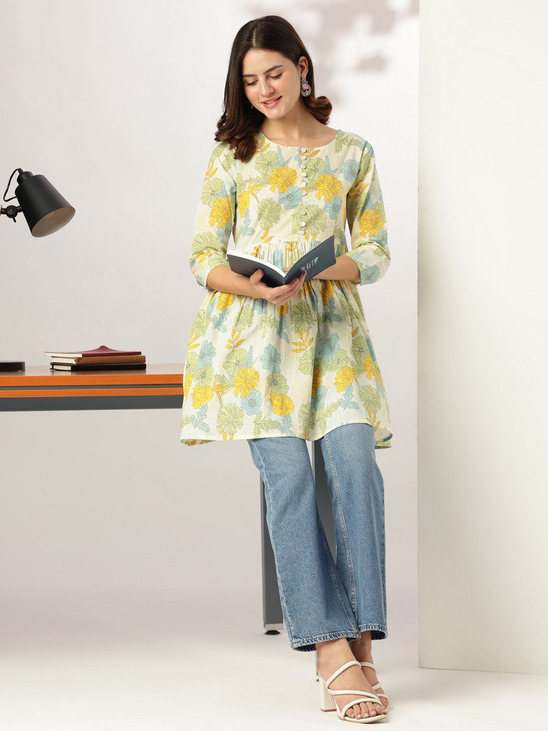Janasya Light Cotton Floral A-Line Tunic 