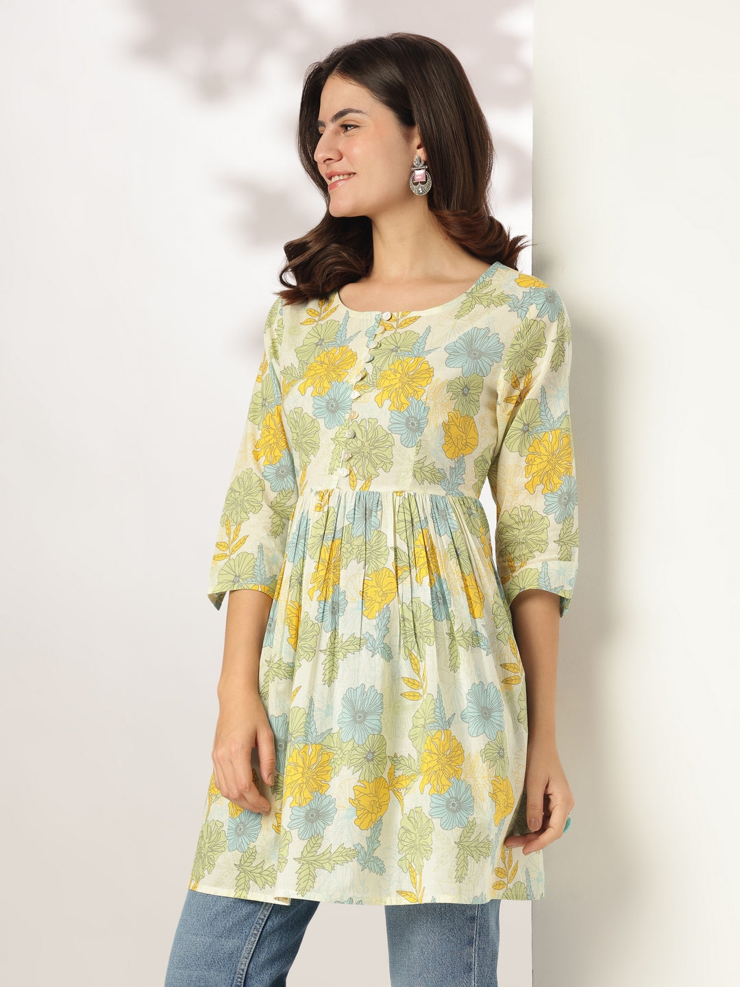 Janasya Light Cotton Floral A-Line Tunic 