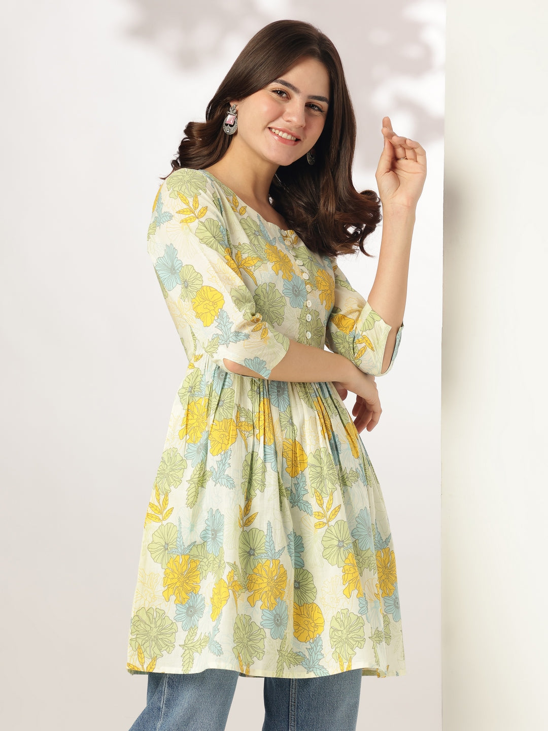 Janasya Light Cotton Floral A-Line Tunic 
