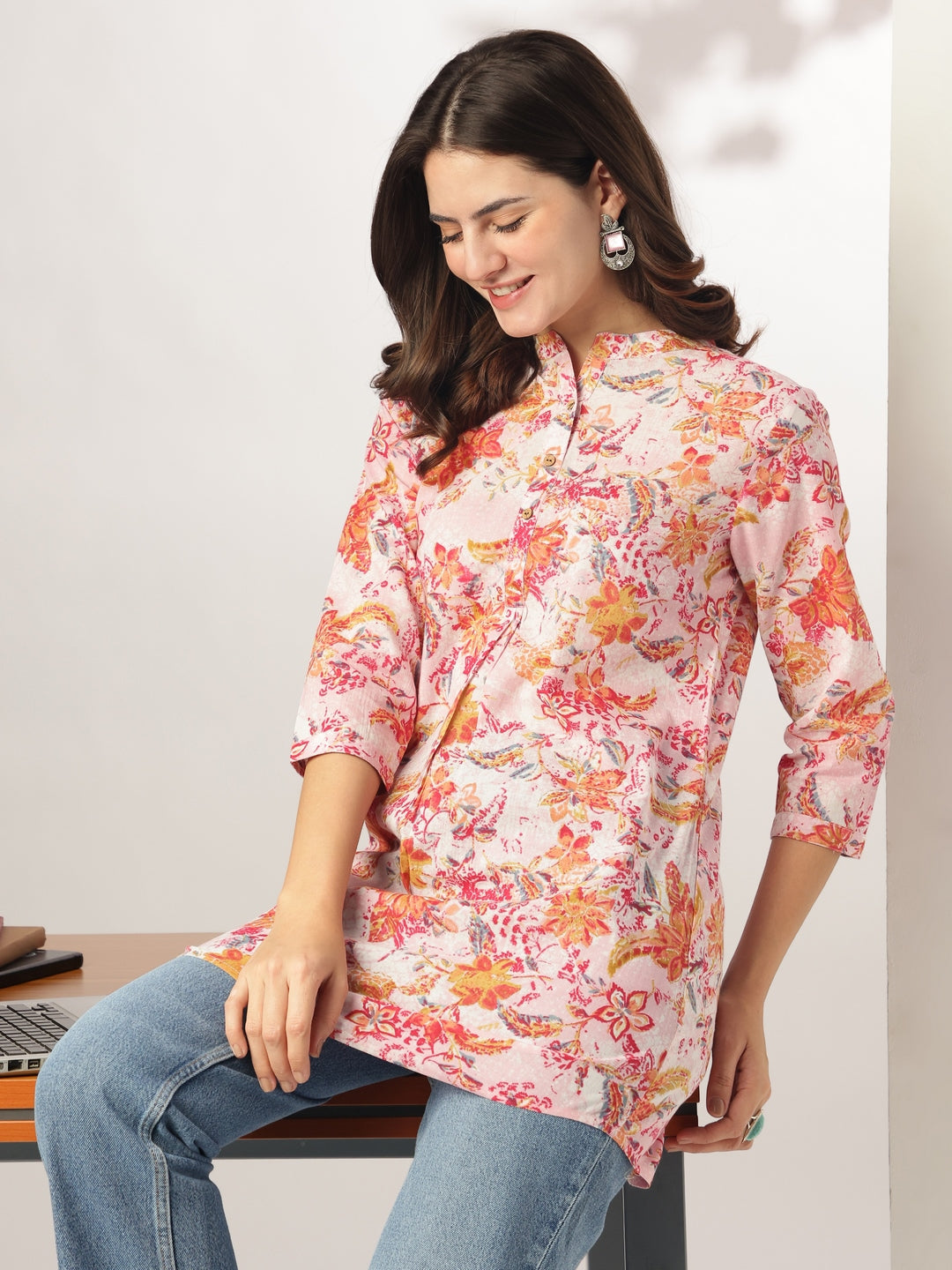 Janasya Light Cotton Floral Straight Tunic 