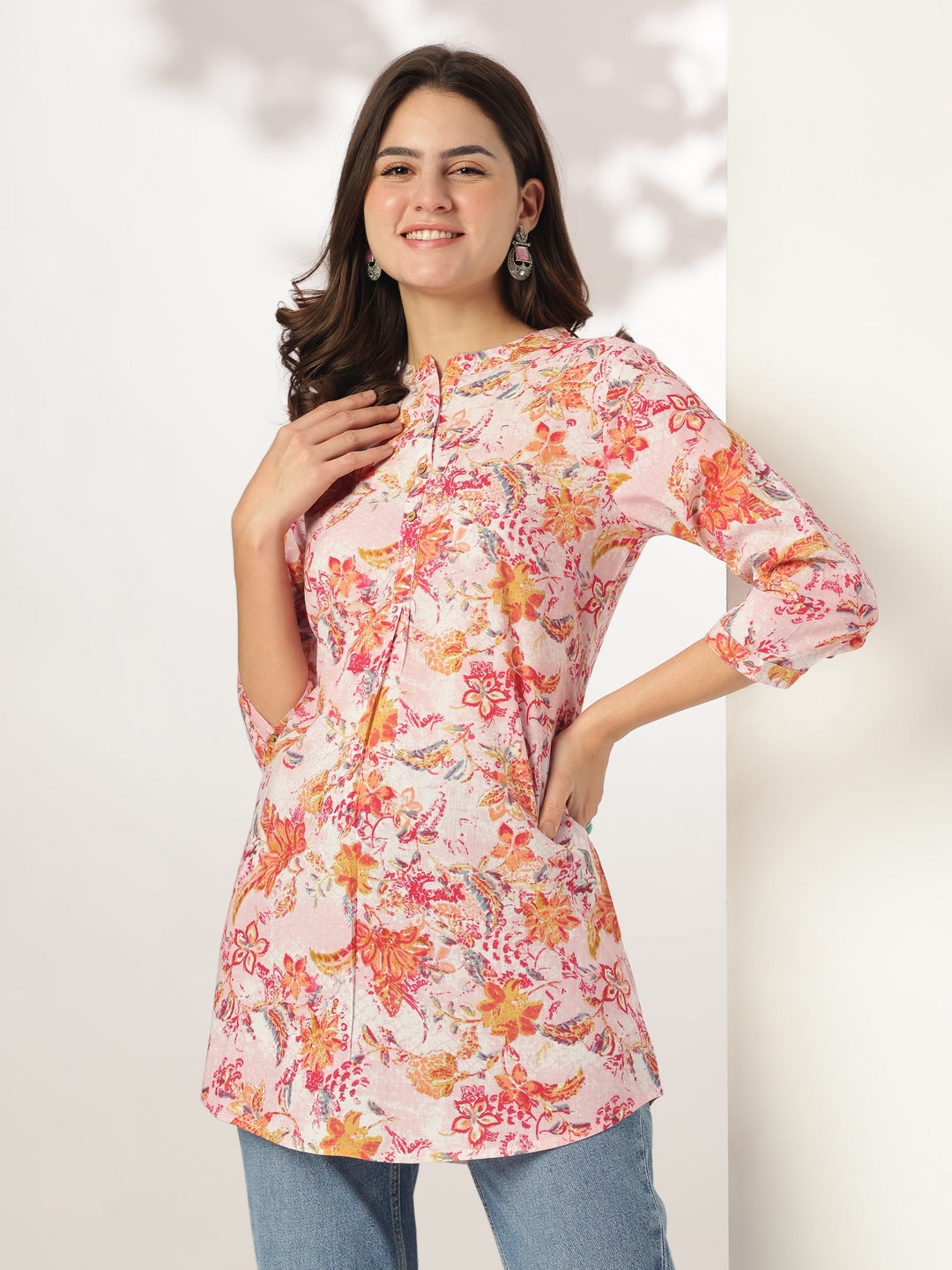 Janasya Light Cotton Floral Straight Tunic 