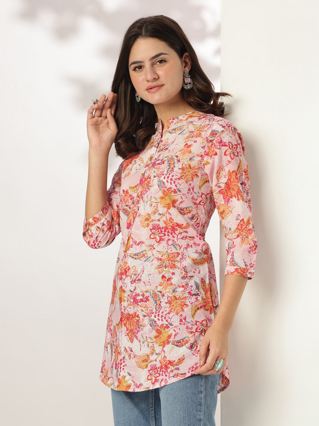 Janasya Light Cotton Floral Straight Tunic 