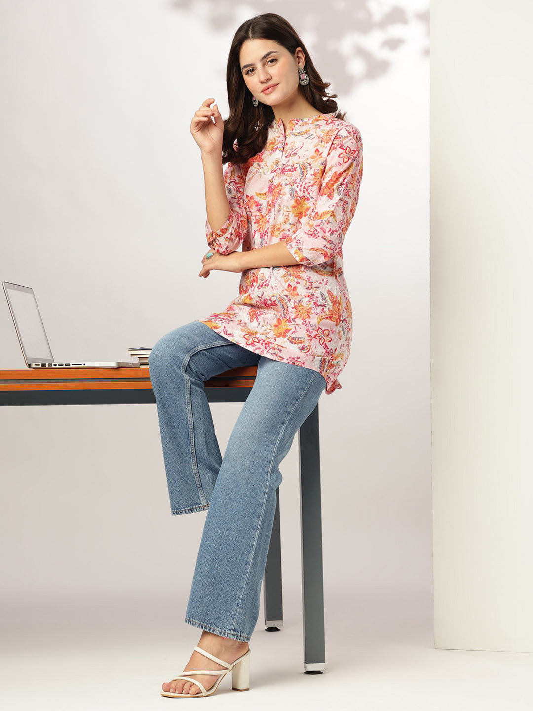 Janasya Light Cotton Floral Straight Tunic 