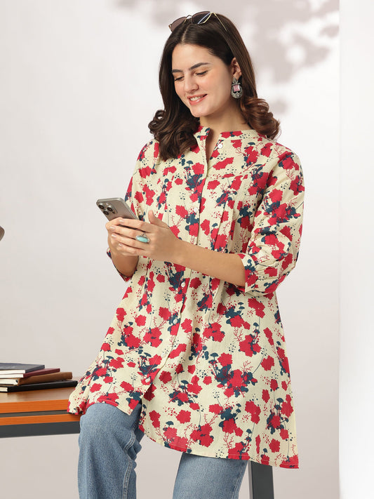 Janasya Light Cotton Floral A-Line Tunic 