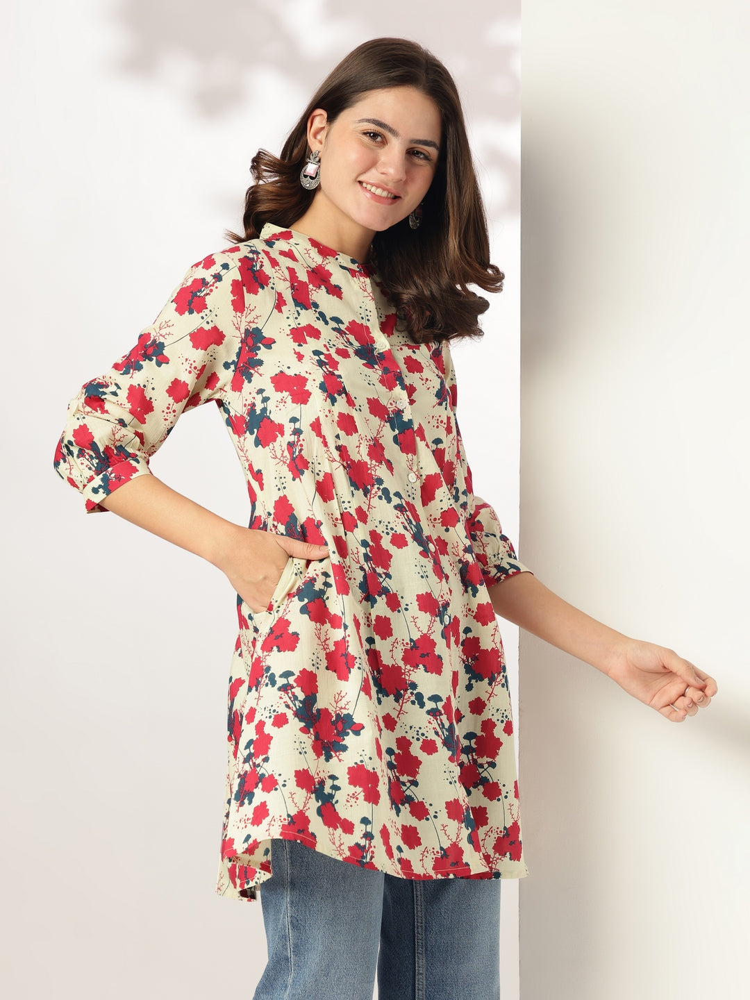 Janasya Light Cotton Floral A-Line Tunic 