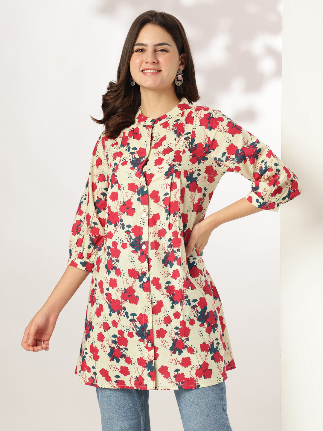 Janasya Light Cotton Floral A-Line Tunic 
