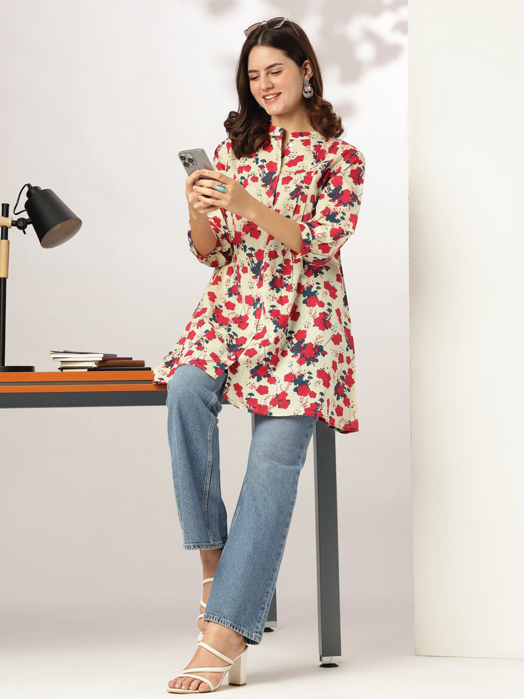 Janasya Light Cotton Floral A-Line Tunic 