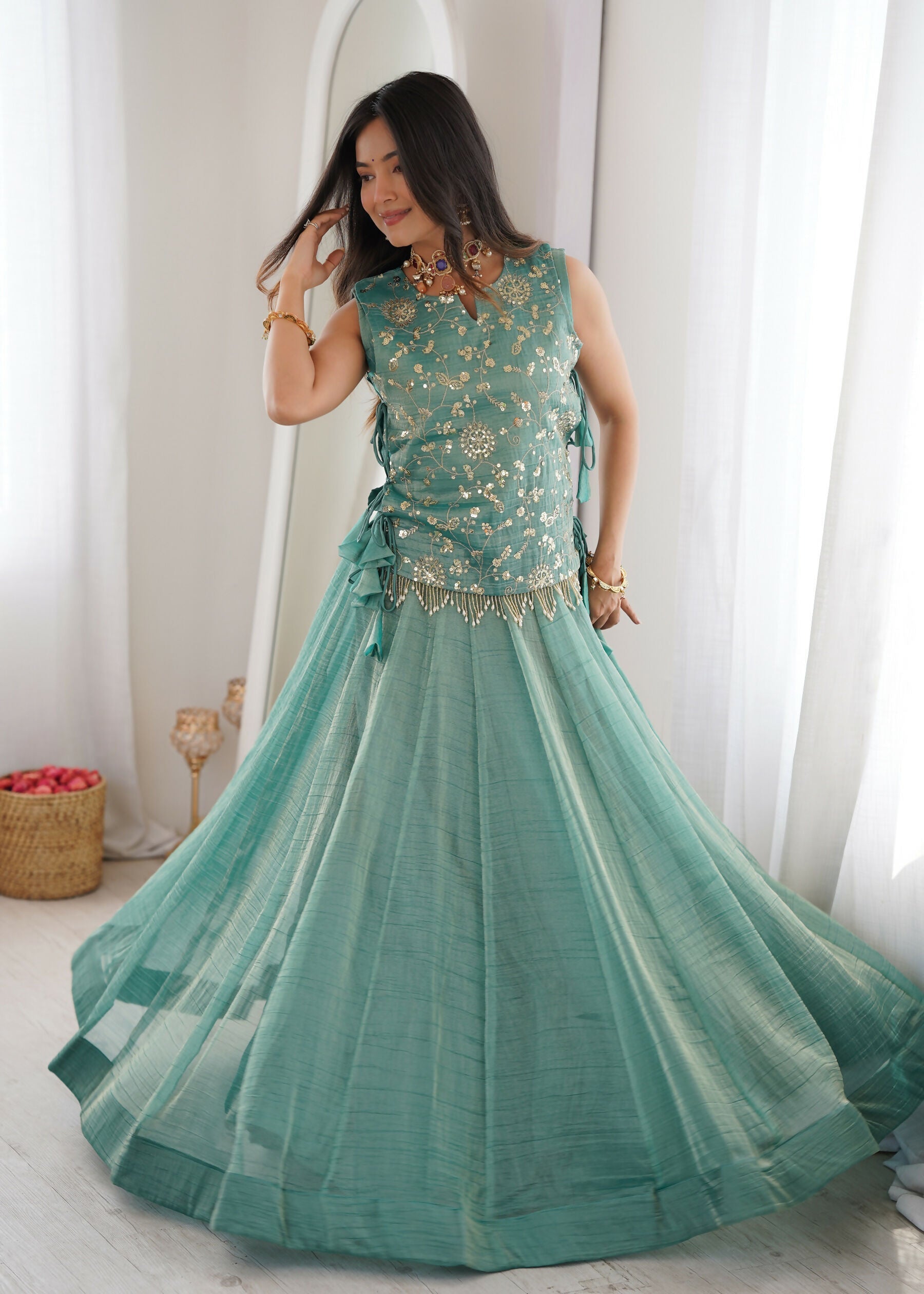 Lorenvalley Fashion Skyblue Salsa Crush Plain Lehenga Choli with Koti