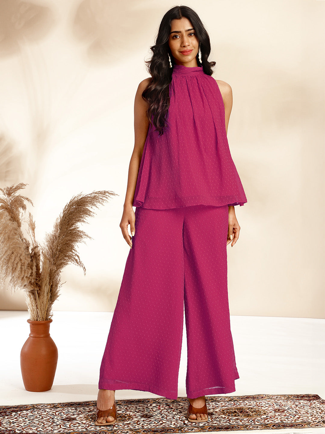 Janasya Bright Dobby Chiffon Self Design Gathered Top & Bottom Set 