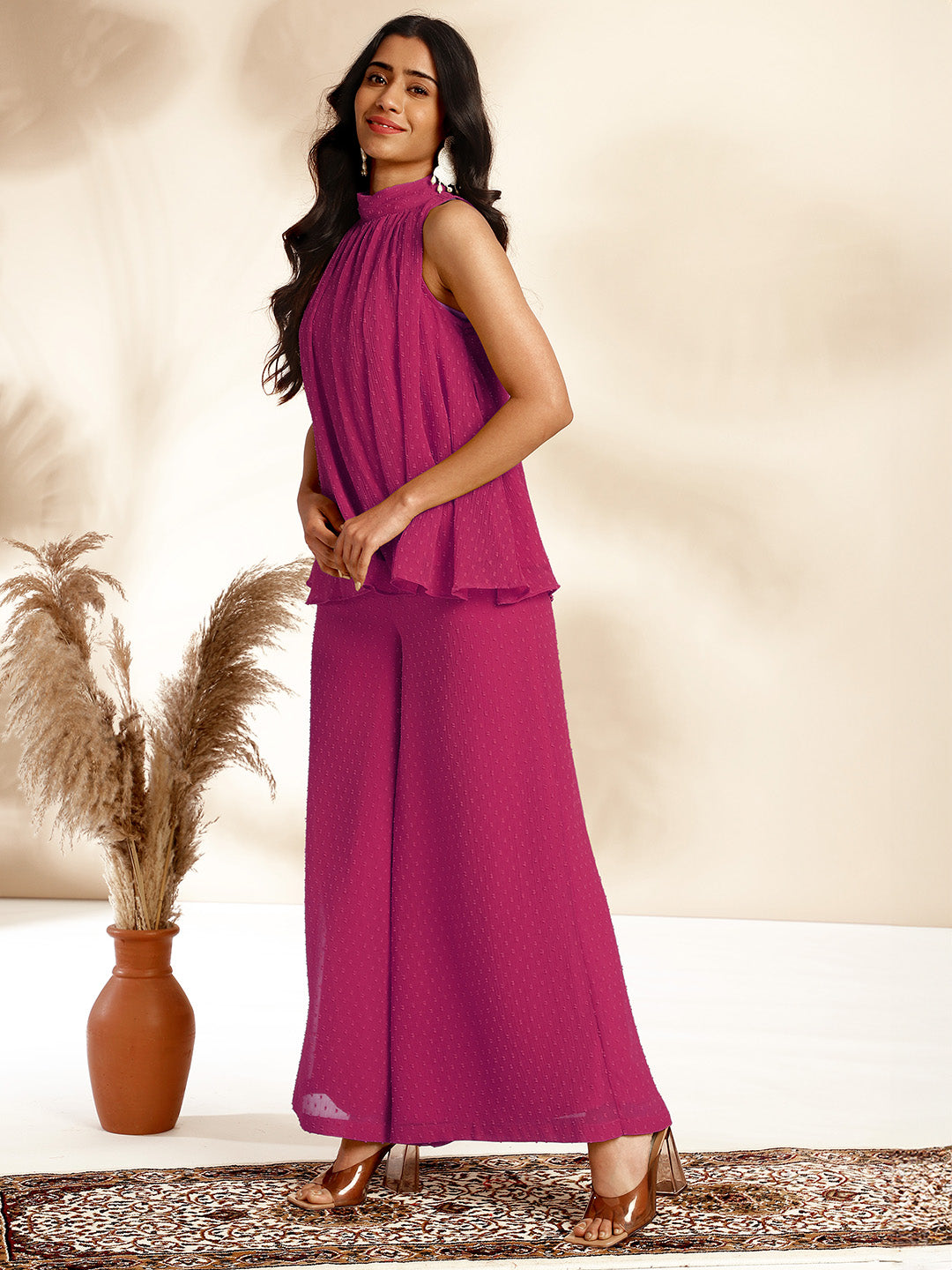 Janasya Bright Dobby Chiffon Self Design Gathered Top & Bottom Set 