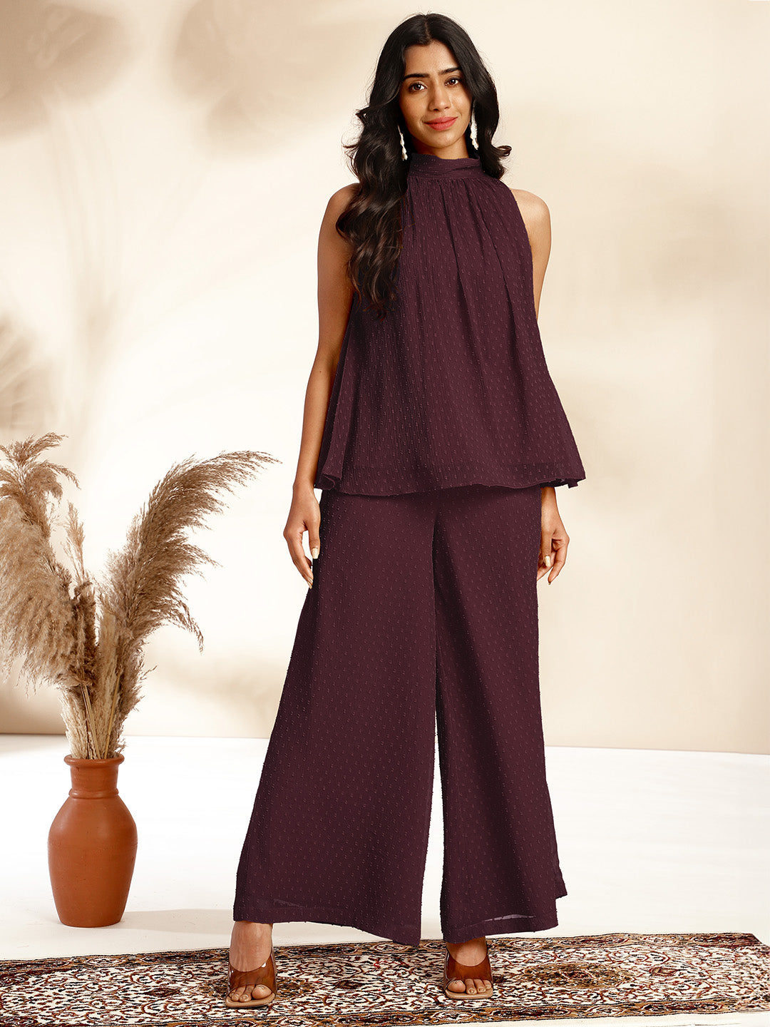 Janasya Dark Chiffon Self Design Gathered Top & Bottom Set 