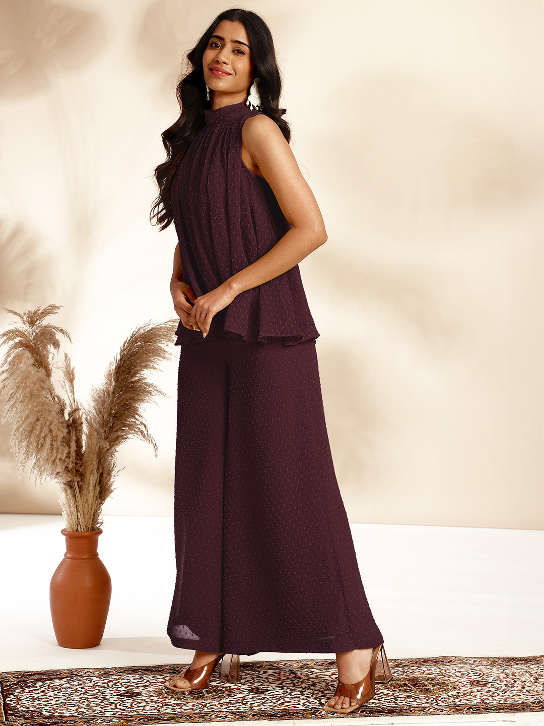 Janasya Dark Chiffon Self Design Gathered Top & Bottom Set 