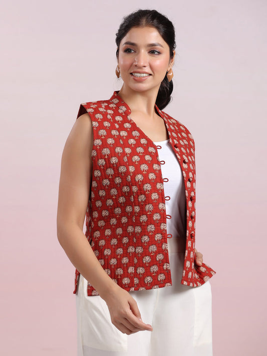 Janasya Straight Cambric Maroon Jacket
