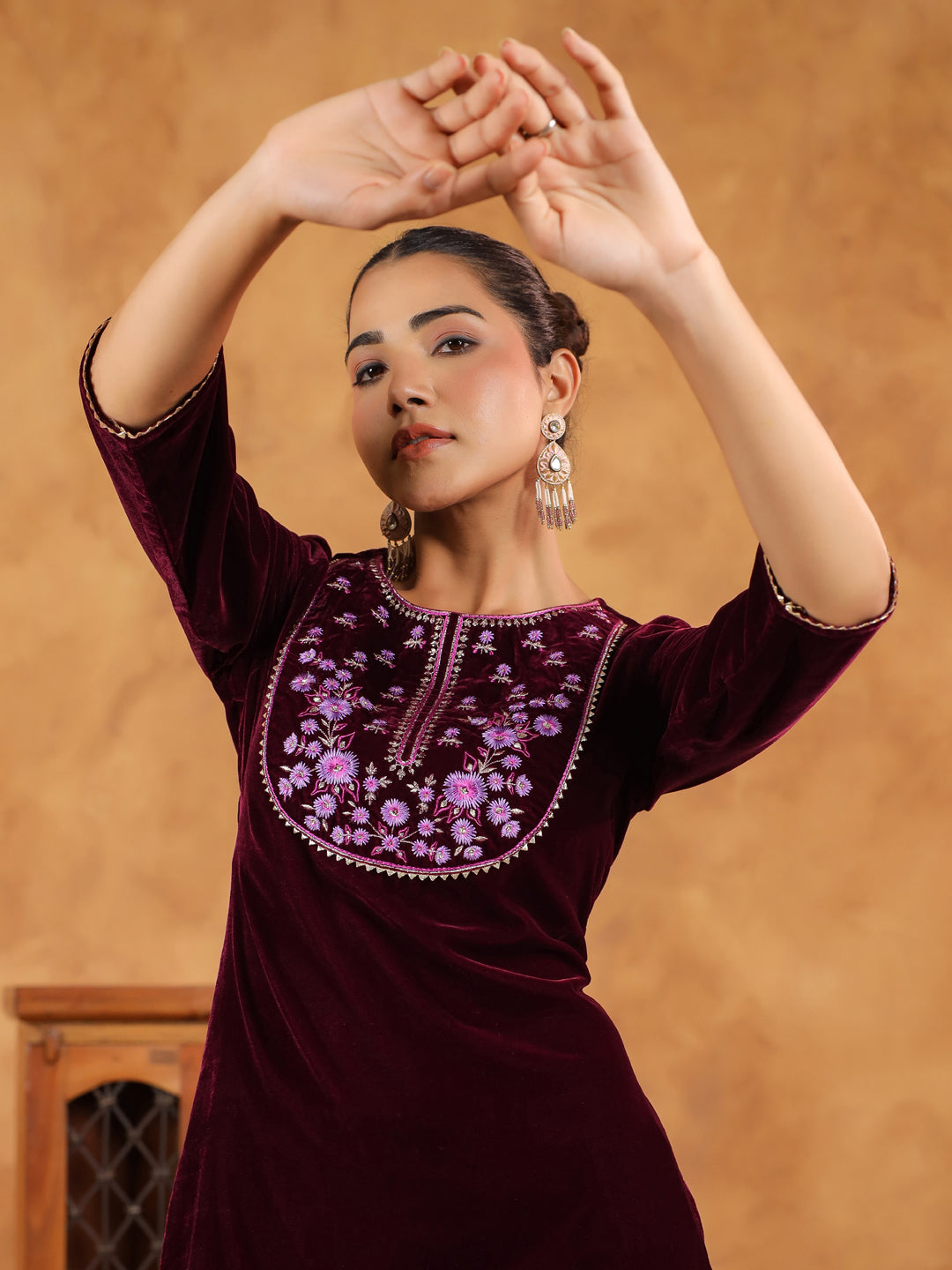 Janasya Wine Velvet Embroidered Kurta & Bottom 