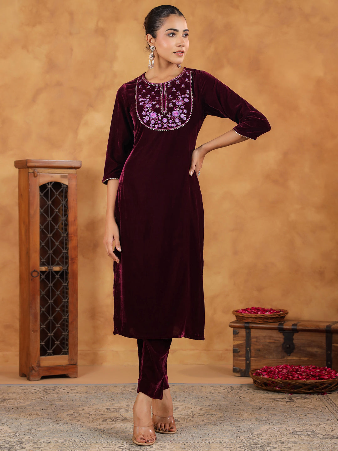 Janasya Wine Velvet Embroidered Kurta & Bottom 