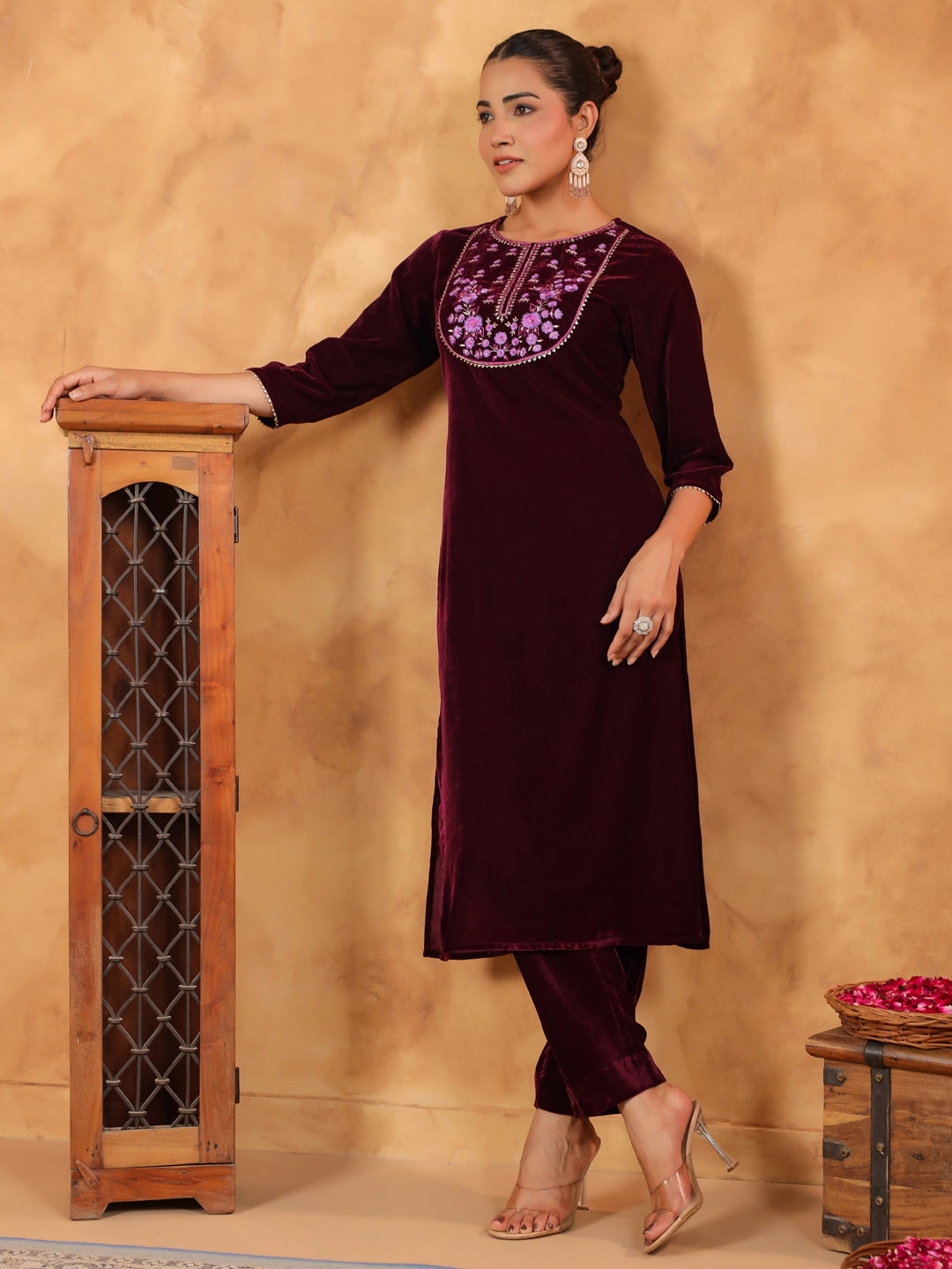 Janasya Wine Velvet Embroidered Kurta & Bottom 