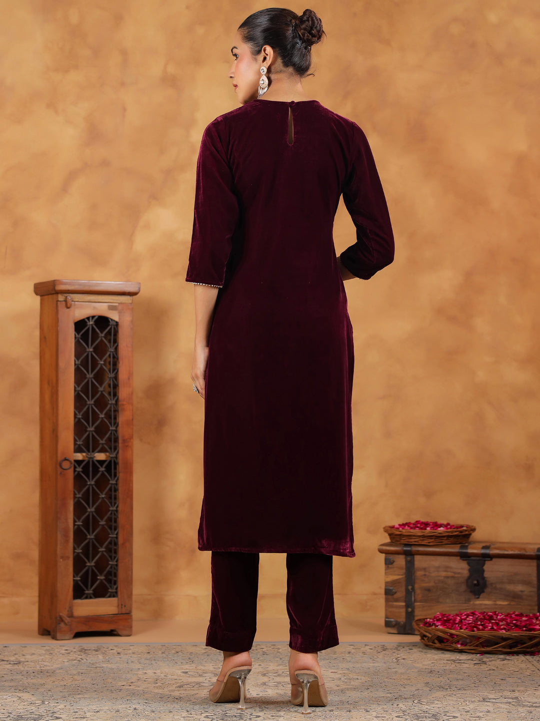 Janasya Wine Velvet Embroidered Kurta & Bottom 