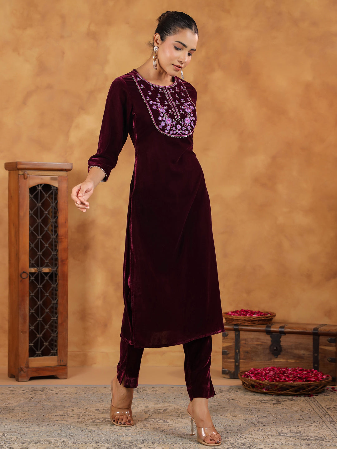 Janasya Wine Velvet Embroidered Kurta & Bottom 