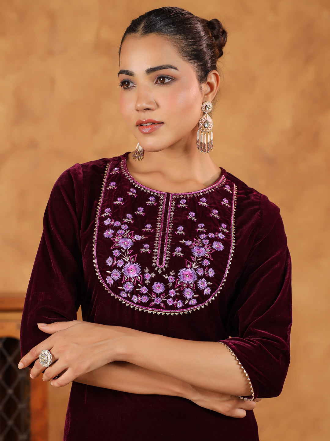 Janasya Wine Velvet Embroidered Kurta & Bottom 