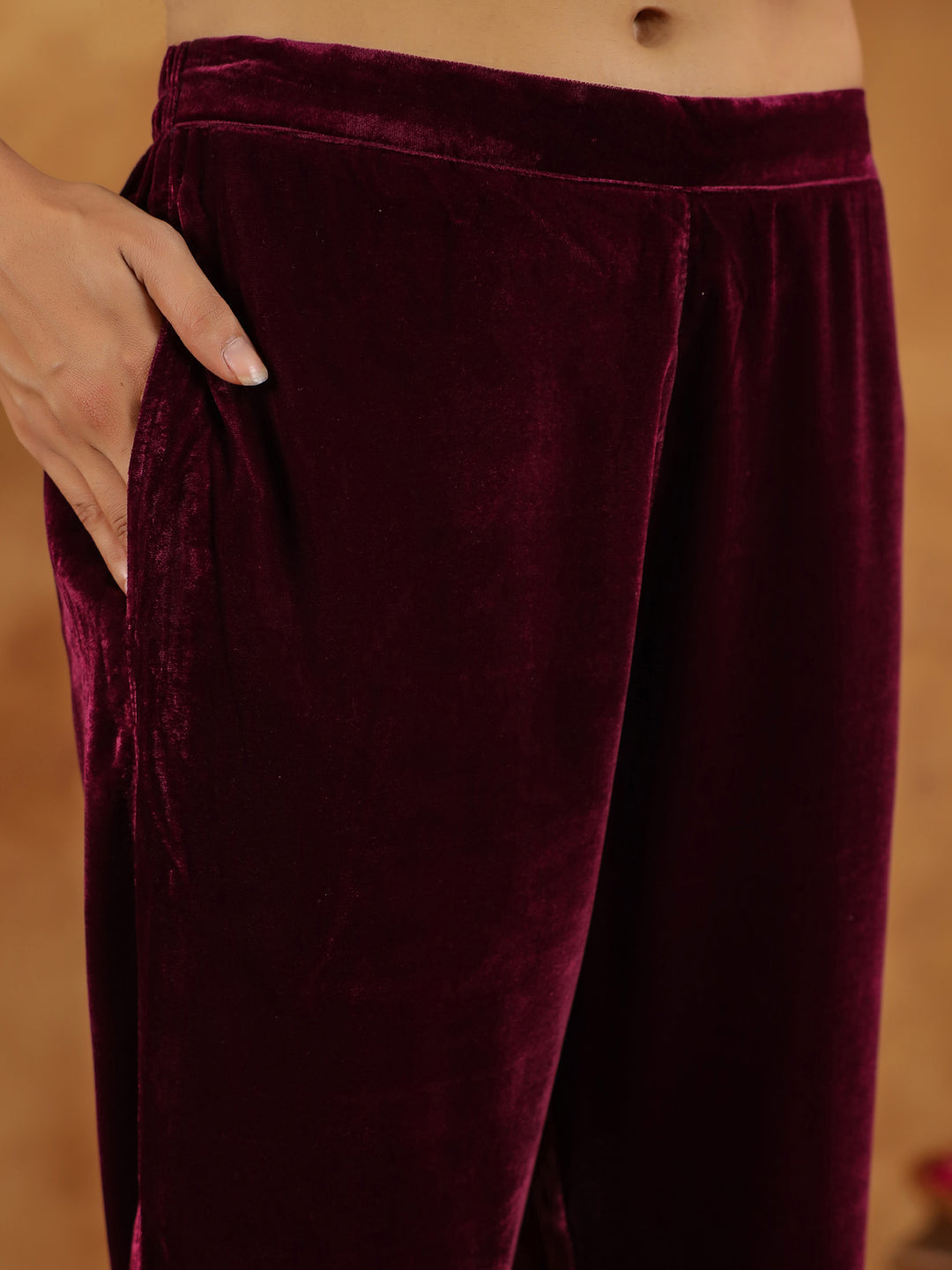 Janasya Wine Velvet Embroidered Kurta & Bottom 